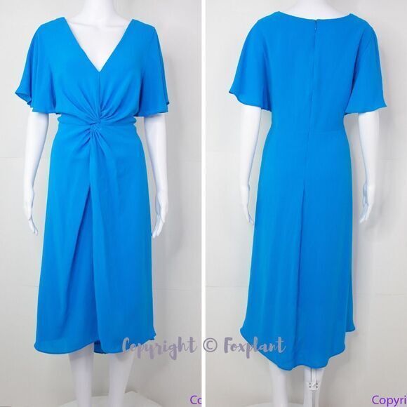 ADRIANNA PAPELL Blue Twist Front High low Flutter Sleeve Fit Flare Dress, 14W - Picture 2 of 16